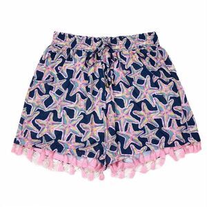 Simply Southern Blue Starfish Print Tassel Hem High Waisted Shorts Size S/M